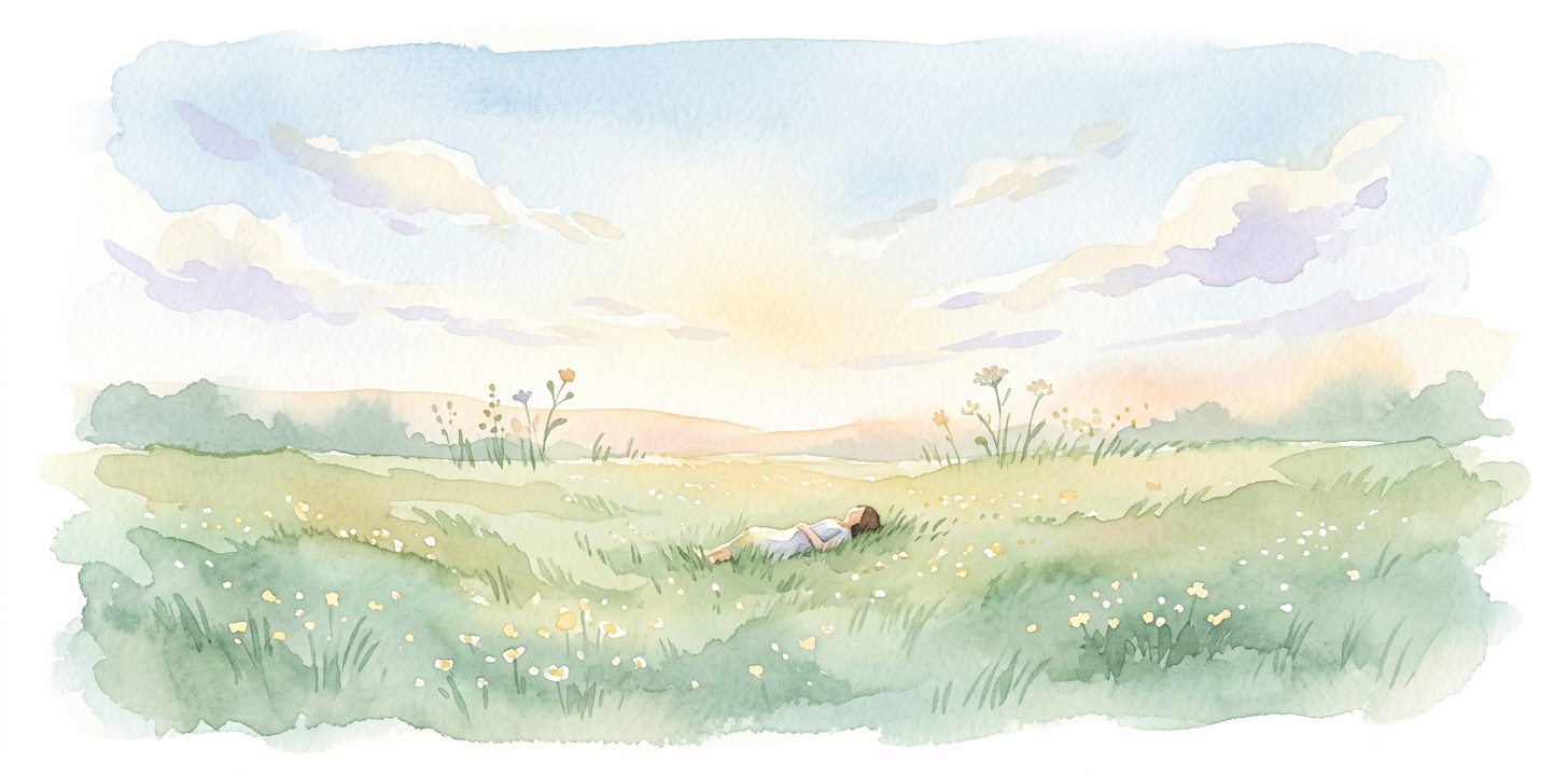 Sunlit meadow in a dream with tall grass swaying and a figure resting peacefully