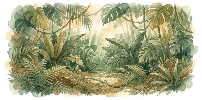 Tropical jungle in a dream with dense overlapping leaves and a narrow gap inward