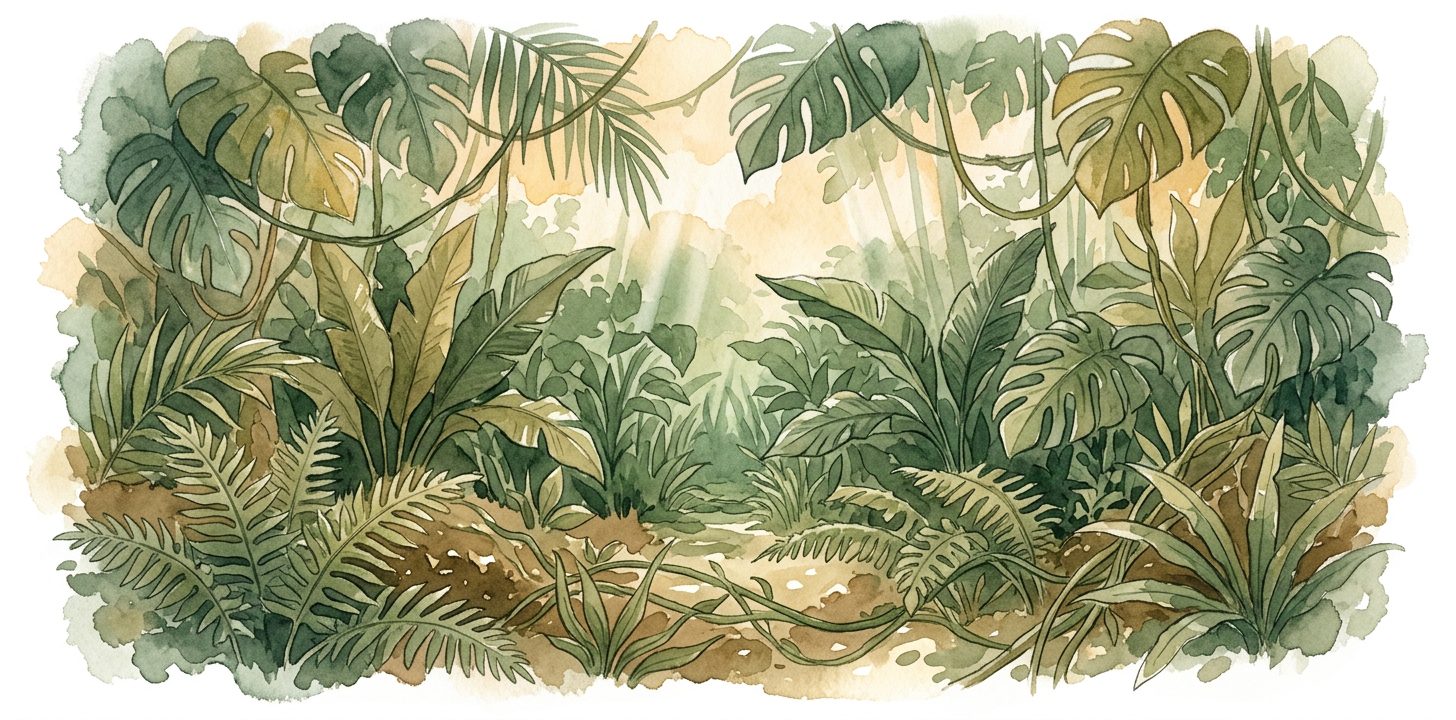 Tropical jungle in a dream with dense overlapping leaves and a narrow gap inward