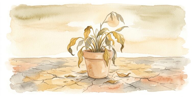 Wilting plant in a dream in a terracotta pot on cracked dry earth