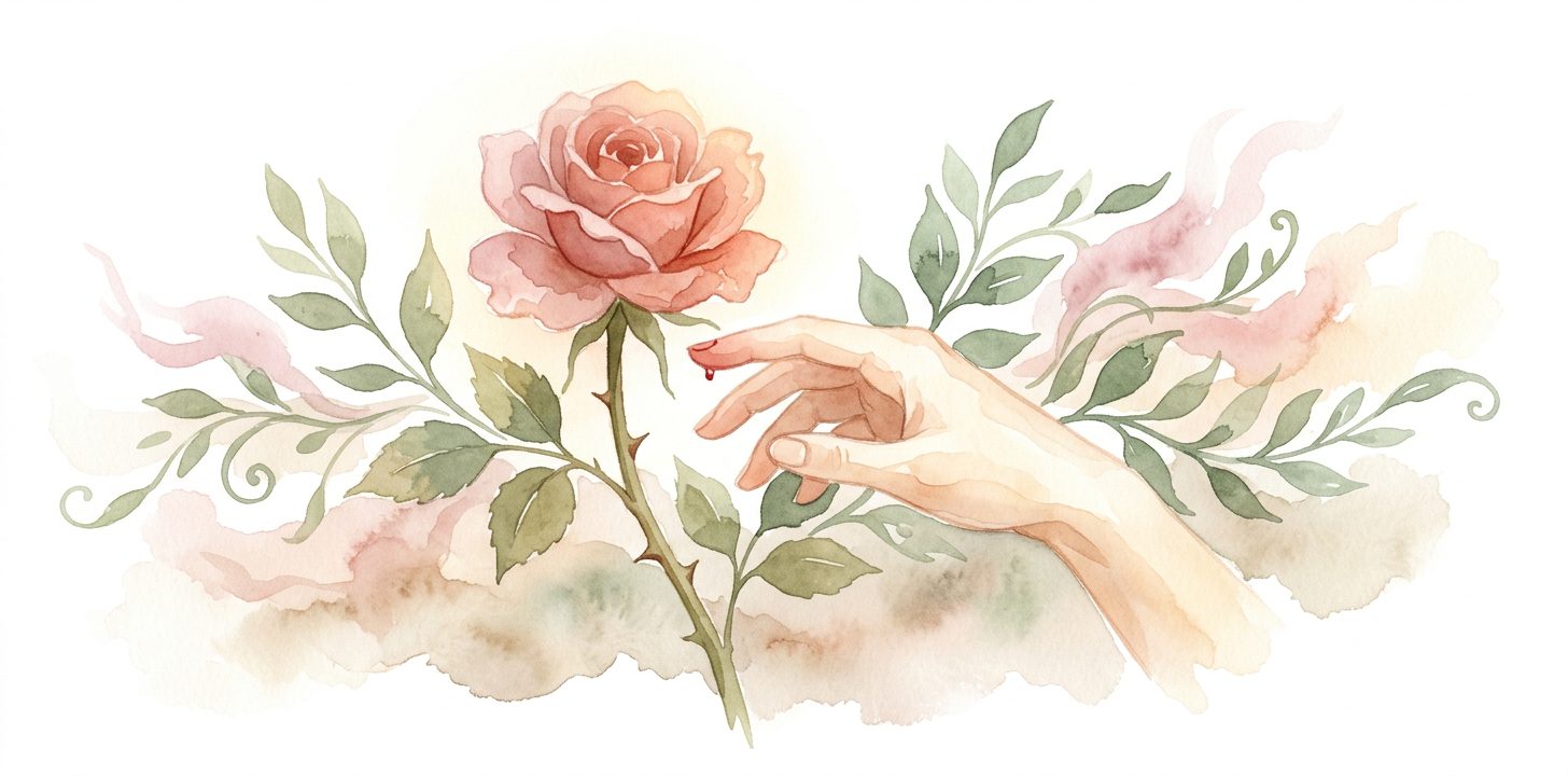 Hand in a dream reaching toward a rose with sharp thorns along its stem