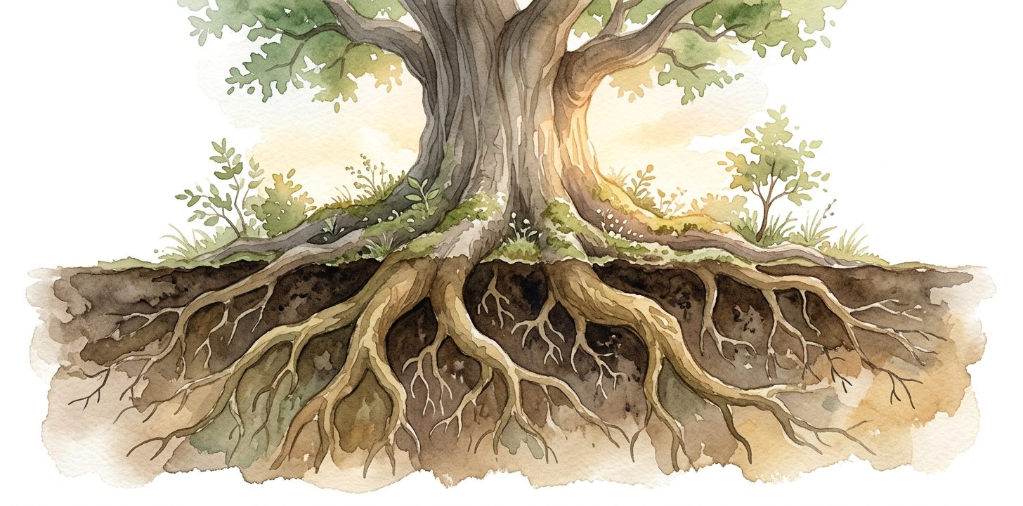 Tree roots in a dream shown in cross-section reaching deep into dark earth
