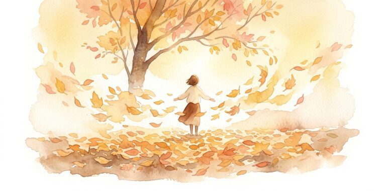 Autumn tree in a dream with golden leaves drifting down past a standing figure