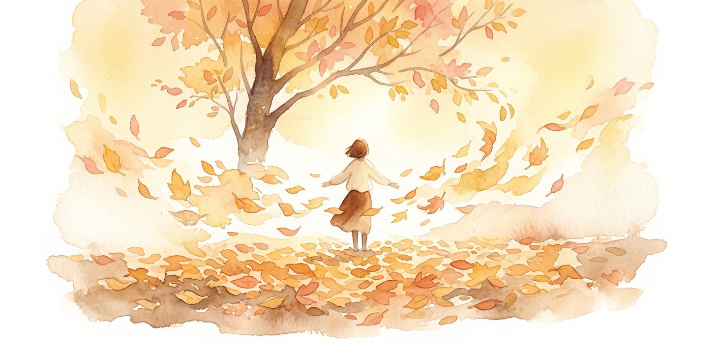 Autumn tree in a dream with golden leaves drifting down past a standing figure