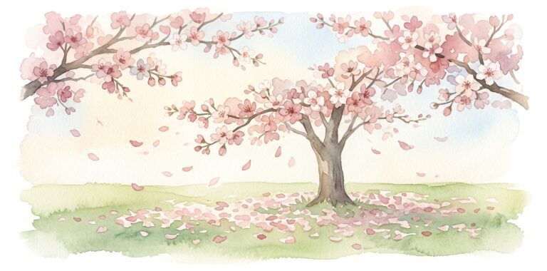 Cherry tree in a dream in full spring bloom with petals drifting on a breeze