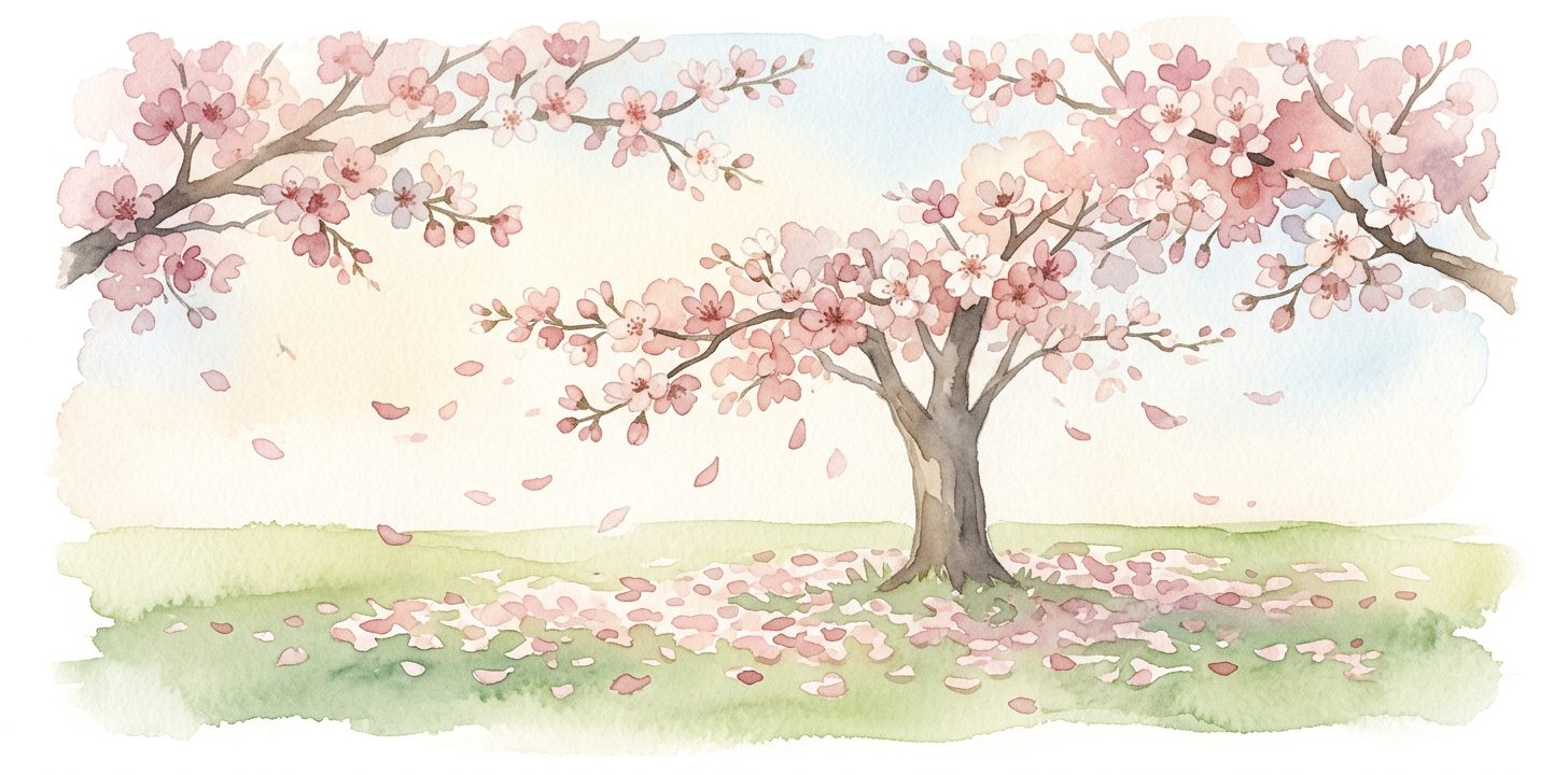 Cherry tree in a dream in full spring bloom with petals drifting on a breeze