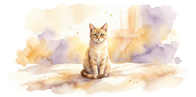 Cat in a dream sitting calmly and looking at the viewer with knowing ancient eyes