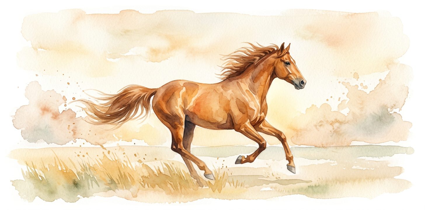 Horse in a dream in full gallop across open landscape with mane streaming in wind