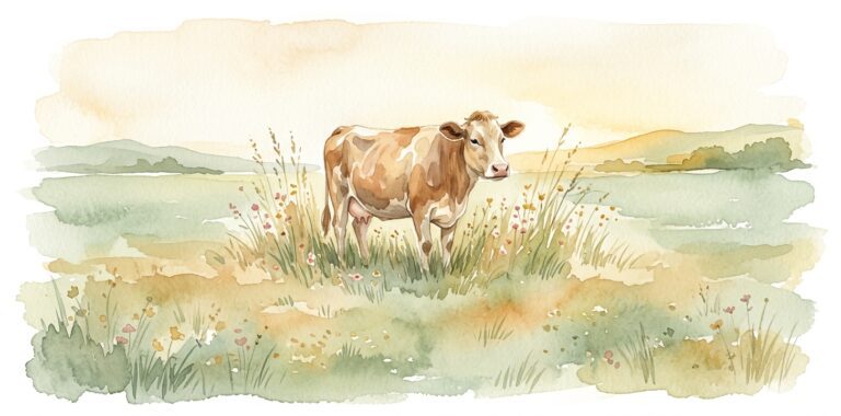 Cow in a dream standing peacefully in a sunlit meadow, dignified and unhurried
