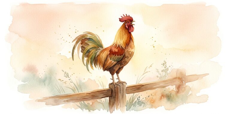 Rooster in a dream standing on a fence post crowing proudly into dawn light