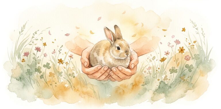 Rabbit in a dream sitting calmly in cupped human hands looking up with trust