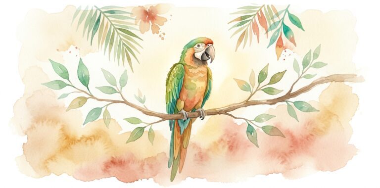 Parrot in a dream perched on a branch in tropical colors with beak slightly open