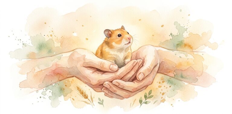 Hamster in a dream sitting in cupped hands with tiny dark eyes looking up trustingly