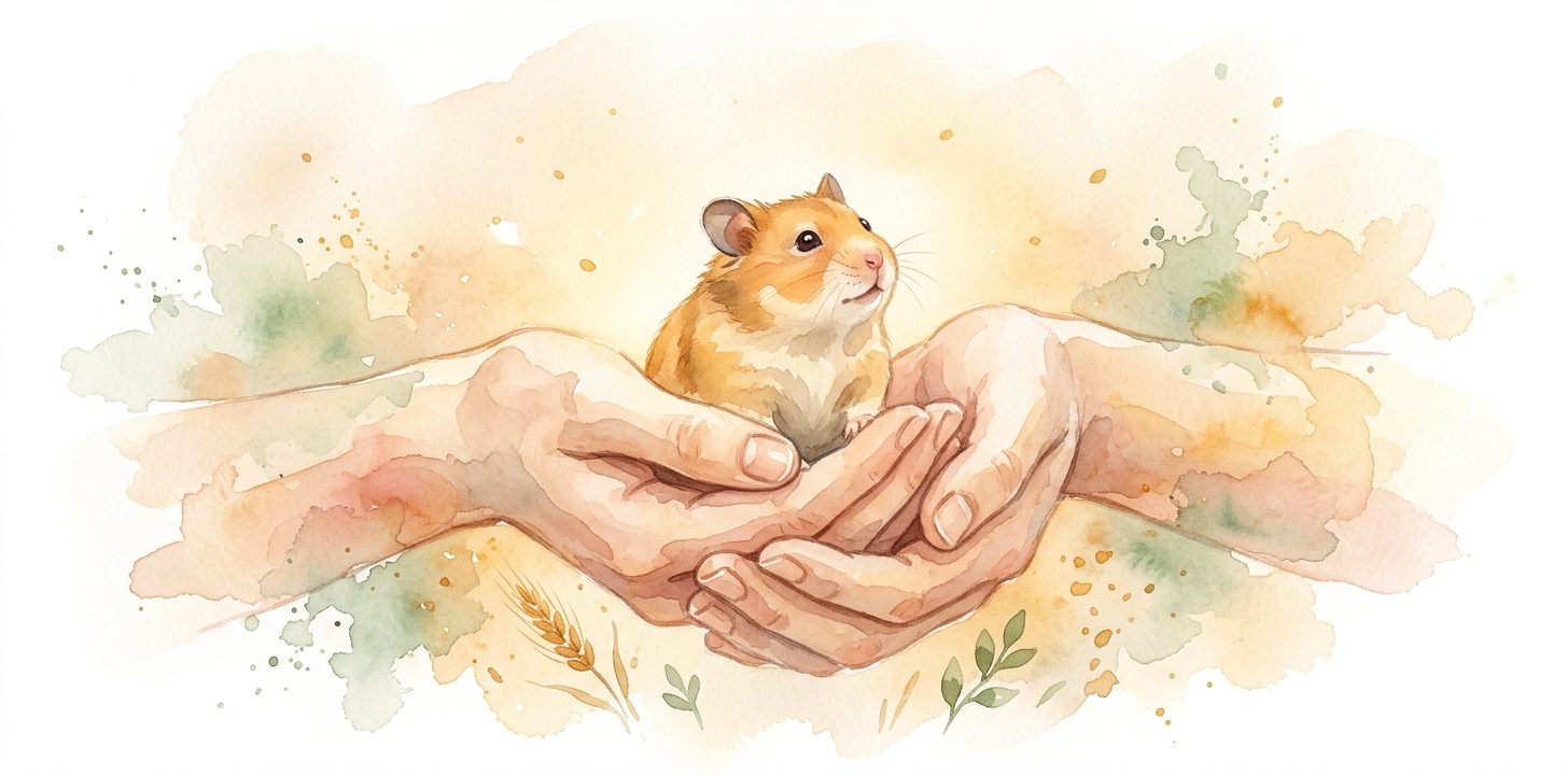 Hamster in a dream sitting in cupped hands with tiny dark eyes looking up trustingly