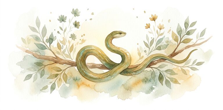 Snake in a dream coiled on a branch, calm and watchful with head slightly raised