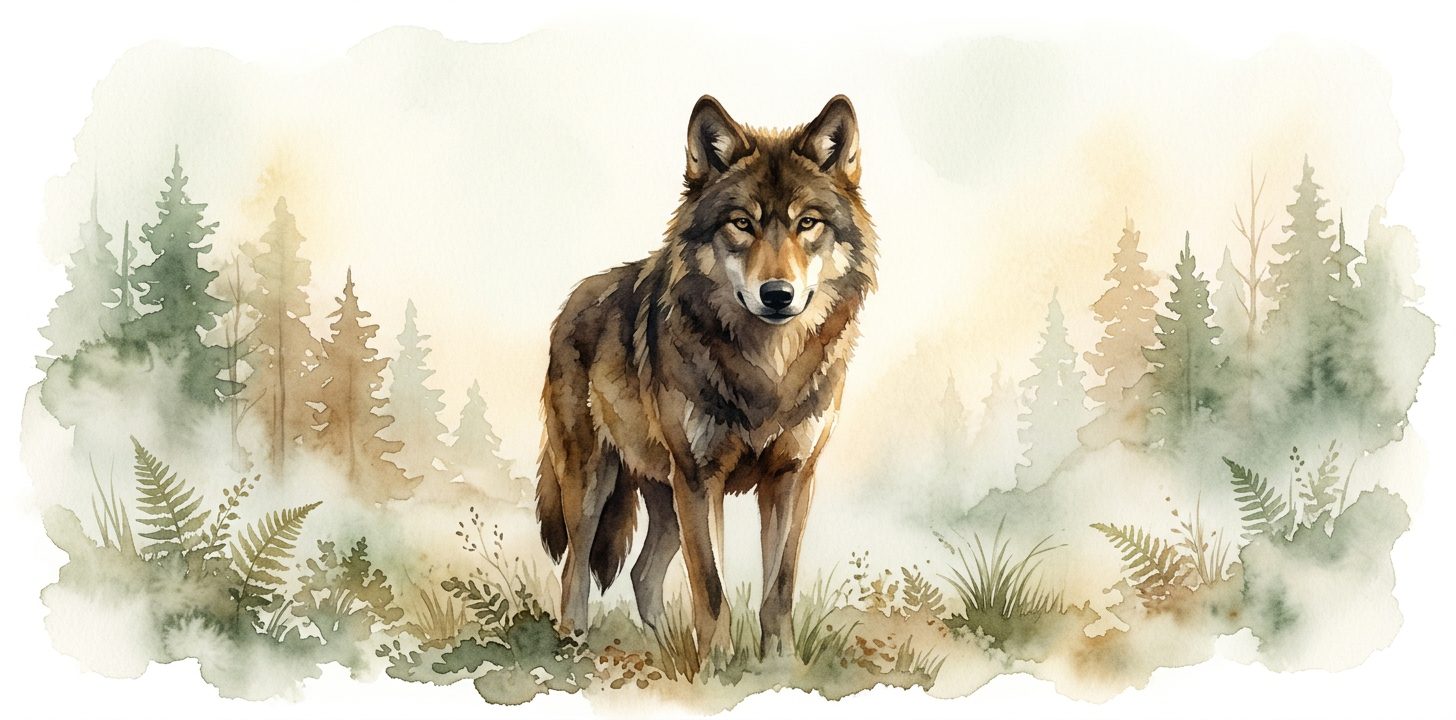 Wolf in a dream standing in a misty forest clearing with calm knowing eyes