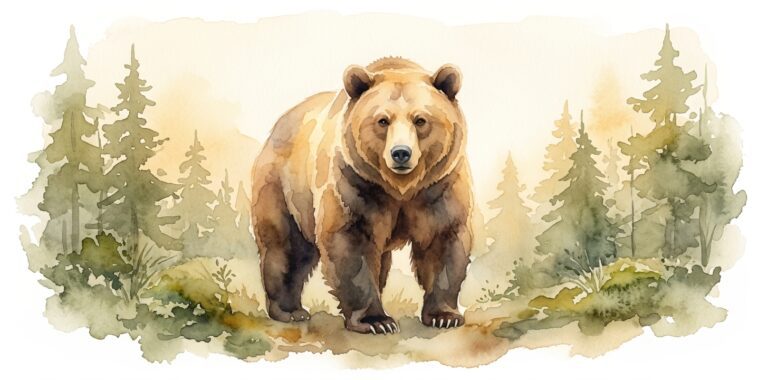 Bear in a dream standing calmly in a forest clearing with peaceful knowing eyes