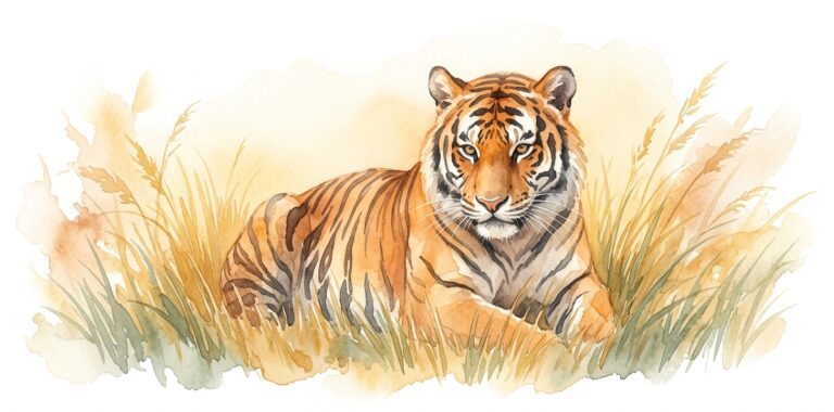 Tiger in a dream crouching low in tall golden grass with focused intense eyes