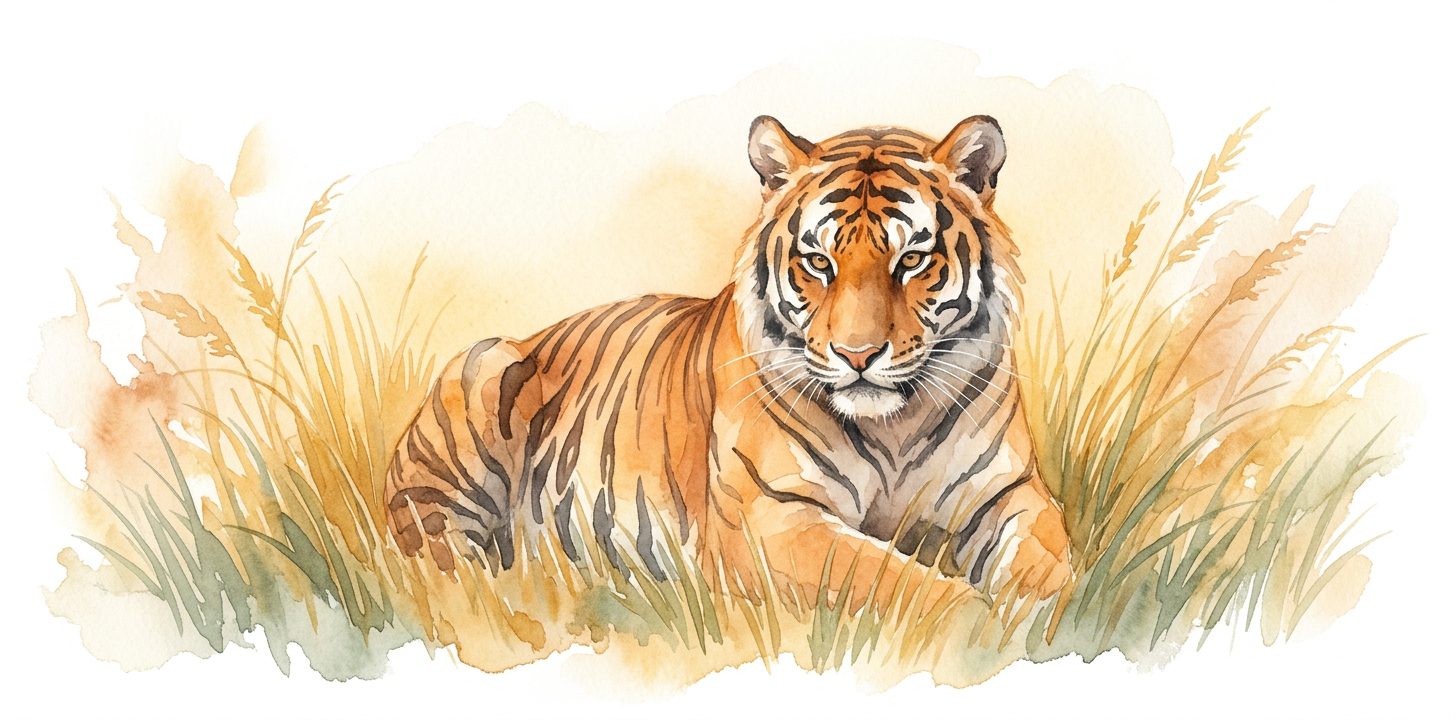 Tiger in a dream crouching low in tall golden grass with focused intense eyes