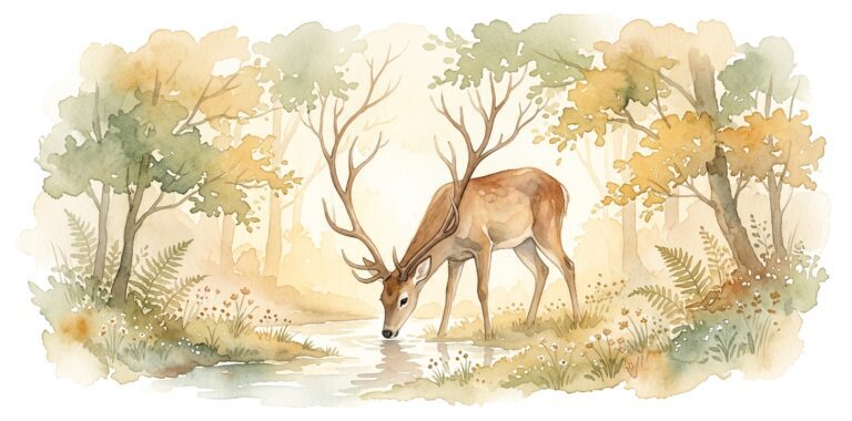 Deer in a dream lowering its head to drink from a stream in a sunlit forest