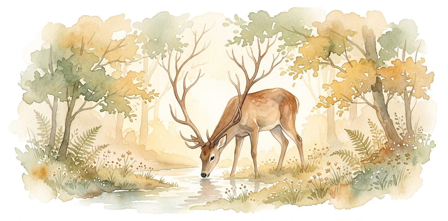 Deer in a dream lowering its head to drink from a stream in a sunlit forest