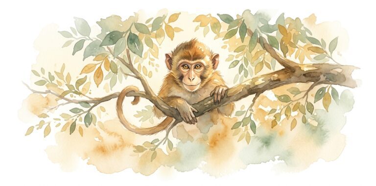 Monkey in a dream sitting on a tree branch with bright intelligent eyes