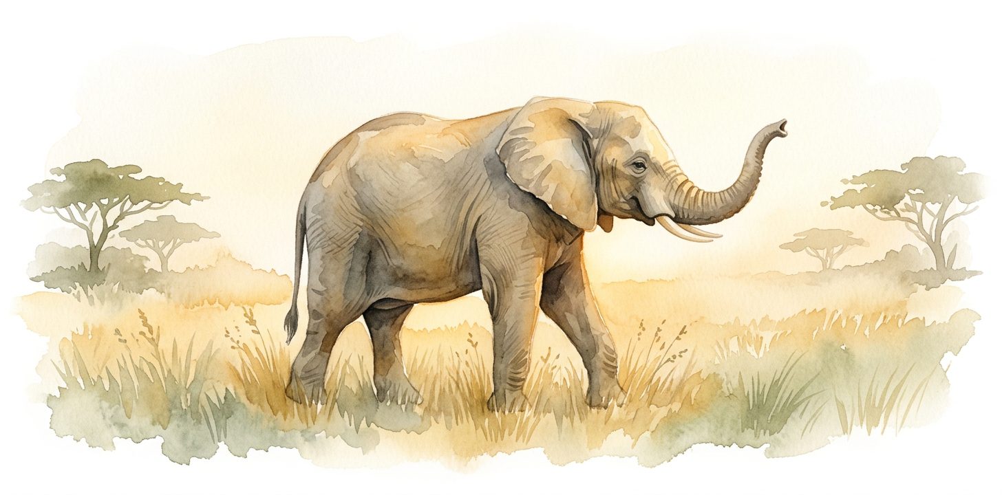 Elephant in a dream walking slowly through golden savanna, massive and calm