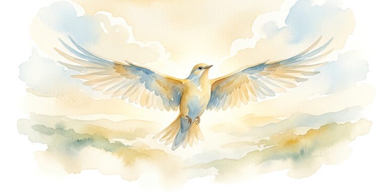 Bird in a dream in flight with wings spread wide against a warm golden sky