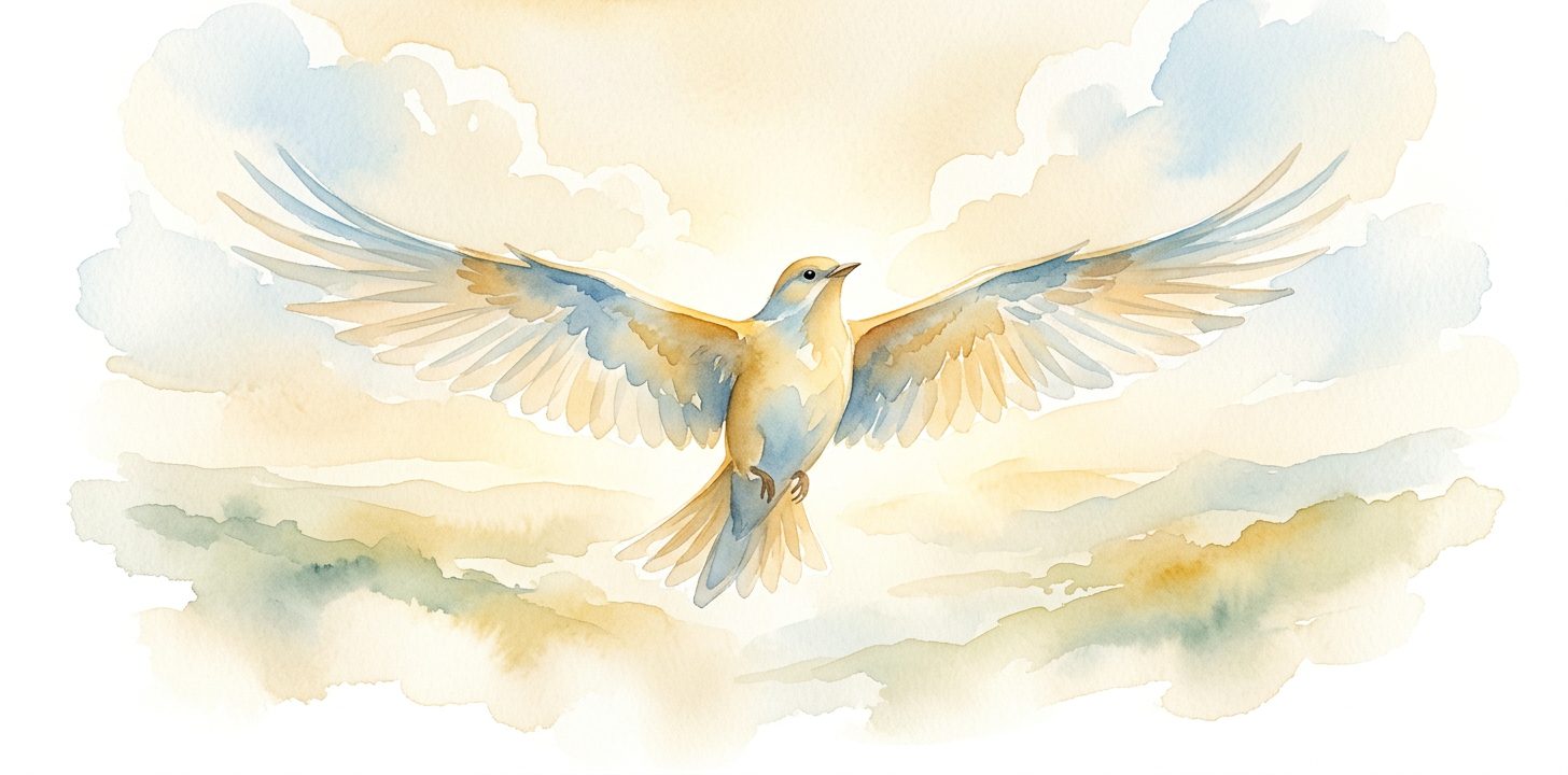 Bird in a dream in flight with wings spread wide against a warm golden sky