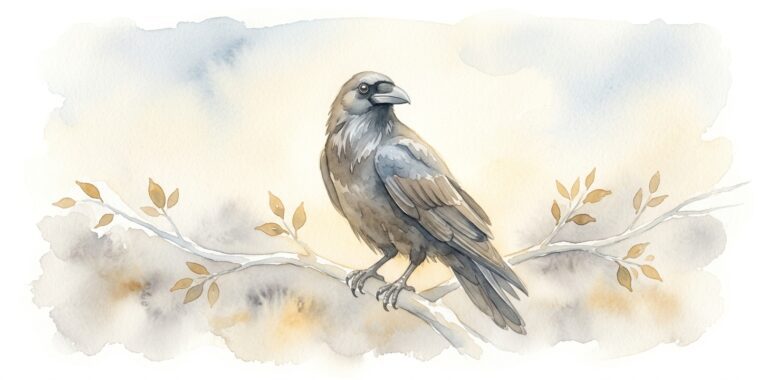 Raven in a dream with head tilted, looking at the viewer with one intelligent eye