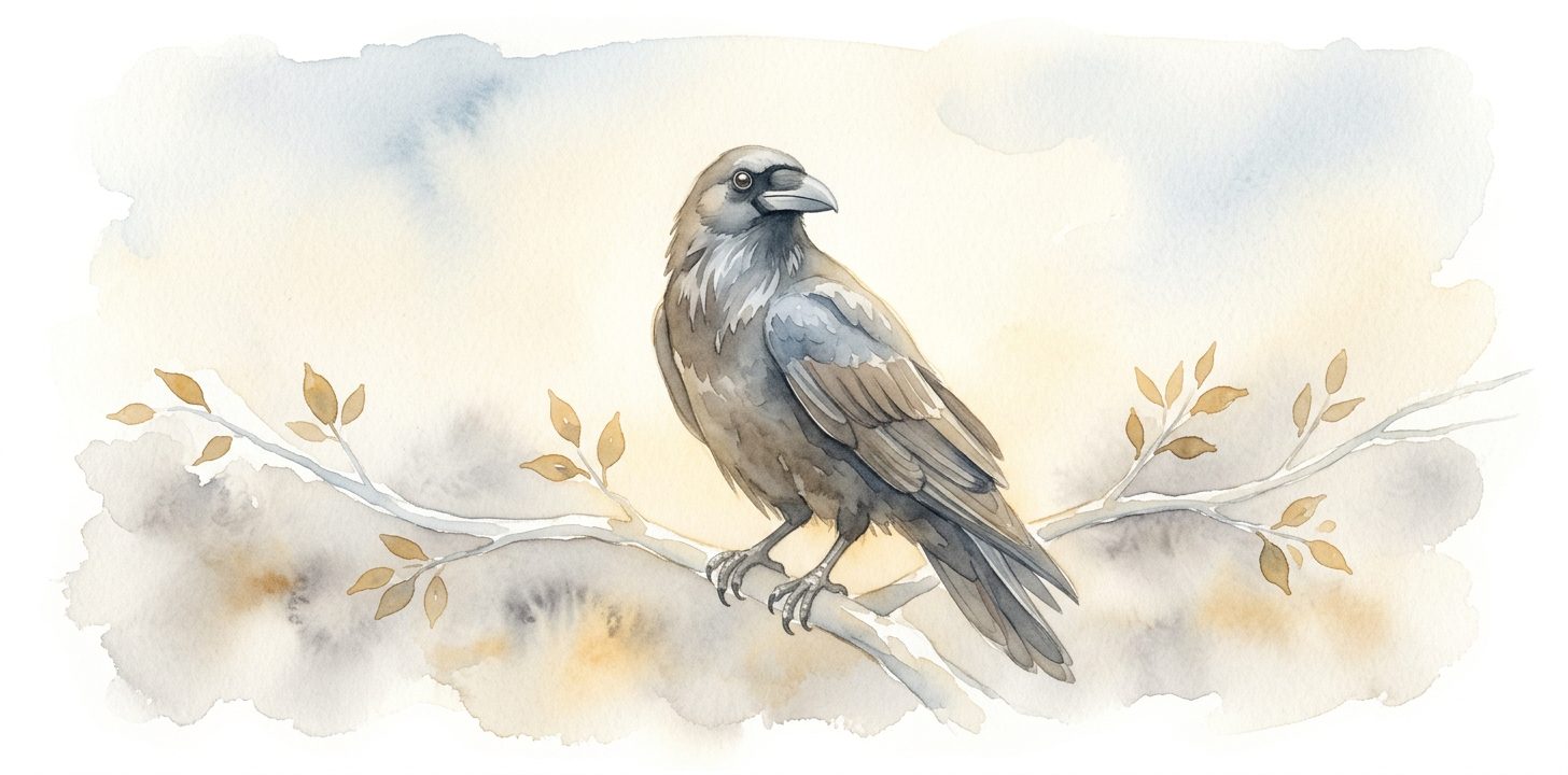 Raven in a dream with head tilted, looking at the viewer with one intelligent eye
