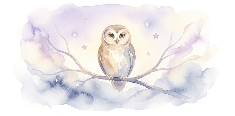 Owl in a dream perched on a branch with luminous golden eyes watching in the night