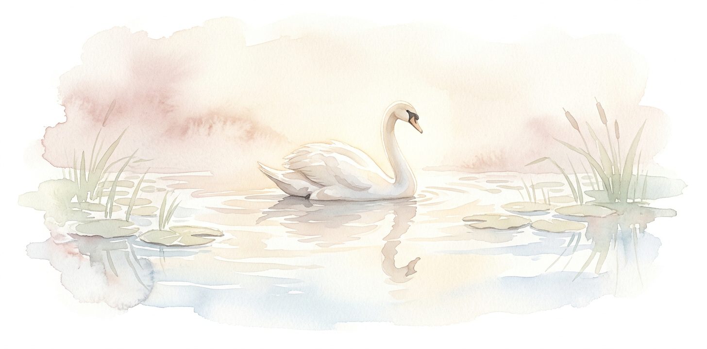 Swan in a dream gliding across calm water with neck arching elegantly
