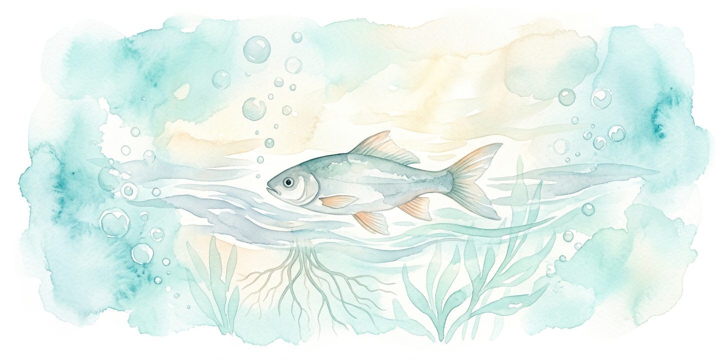 Fish in a dream swimming through clear rippling water in pearl-blue and silver tones