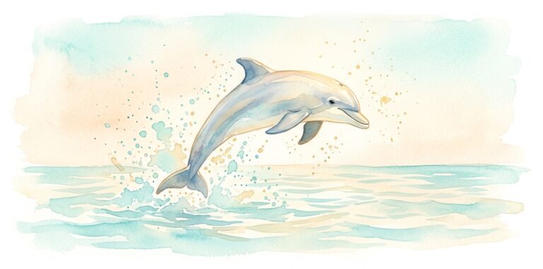 Dolphin in a dream leaping out of rippling water in a joyful arc