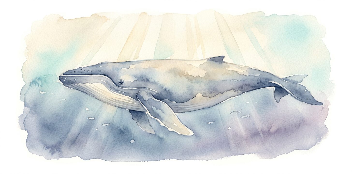 Whale in a dream gliding through luminous deep water, vast and serene