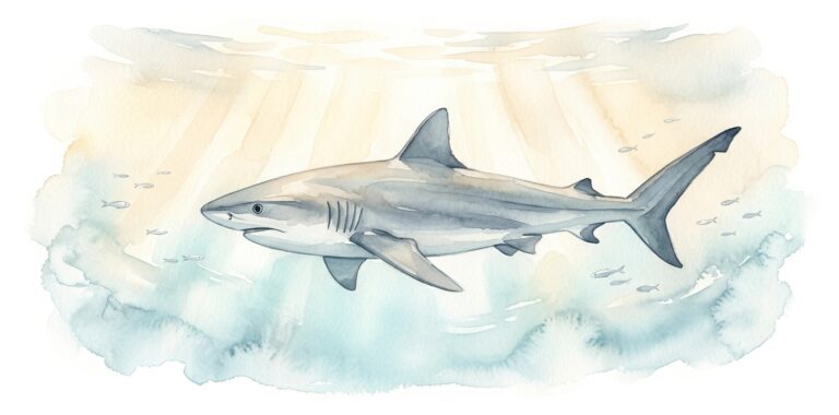 Shark in a dream moving through clear water with quiet dignity, not menace