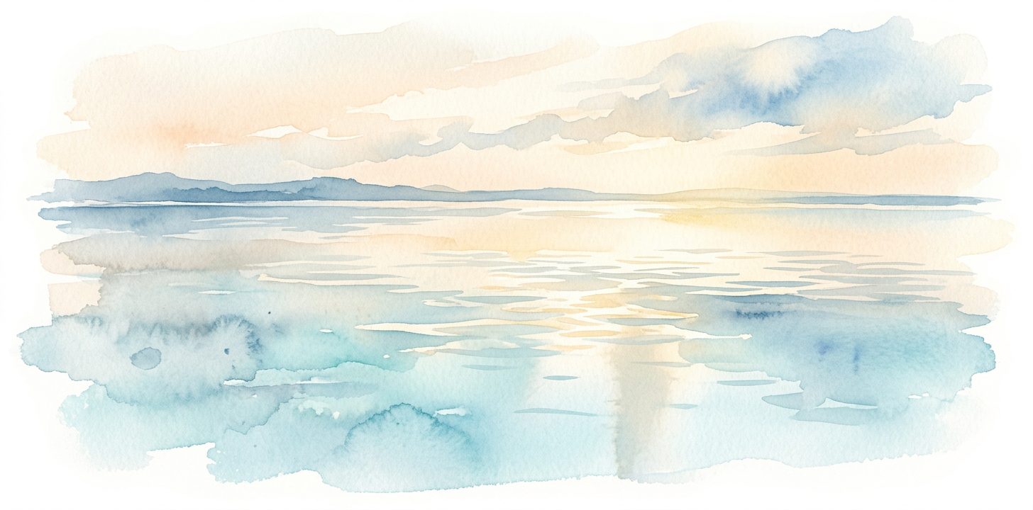 Still lake in a dream glowing under a peach and blue sky with shimmering reflections