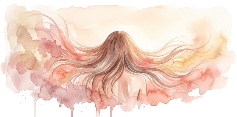 Woman in a dream seen from behind with long flowing hair spreading across the frame