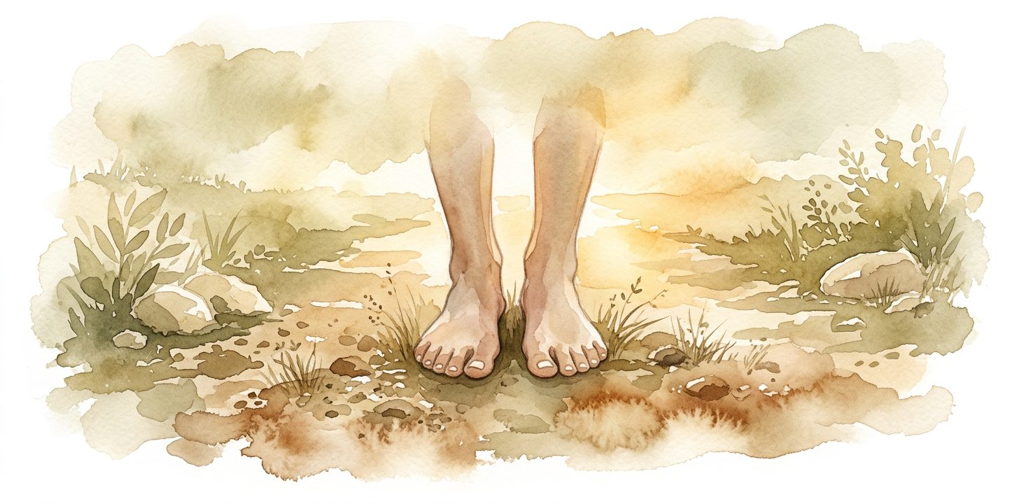 Bare feet in a dream standing on soft earthy ground with a sandy path stretching ahead in warm tones
