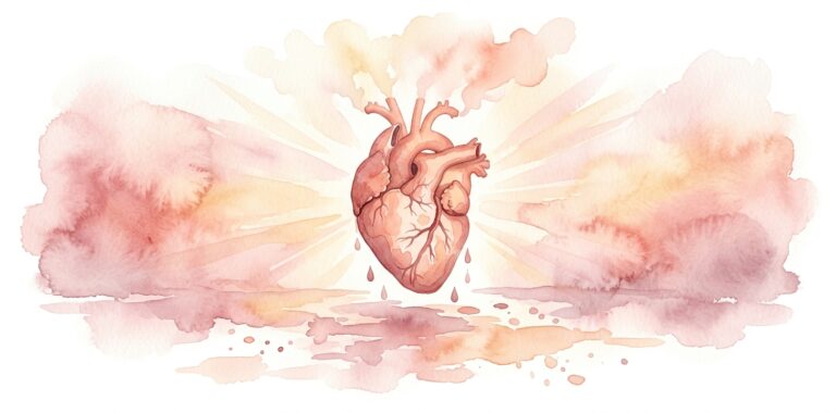 Soft anatomical heart in a dream with a gentle crack and warm golden-rose light radiating outward