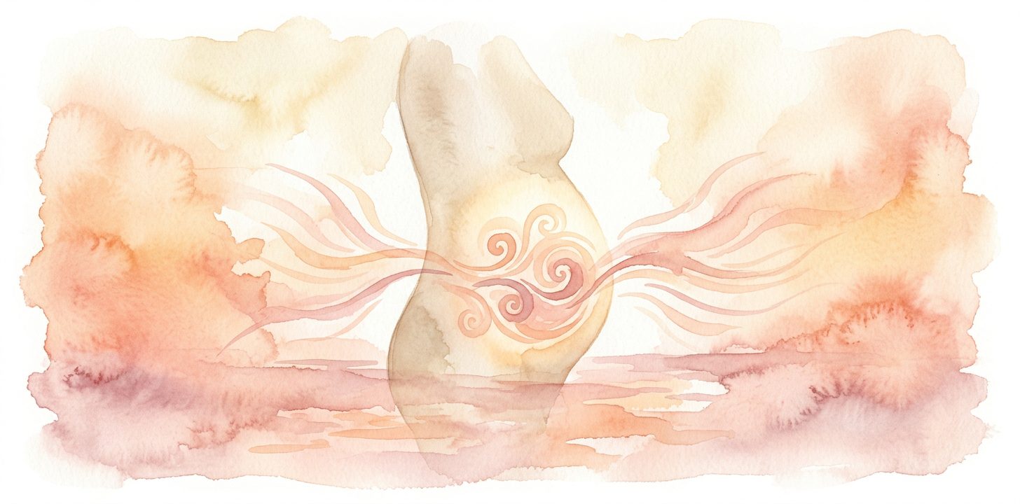 Torso silhouette in a dream with a softly glowing belly area and warm peach and rose wisps radiating outward