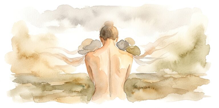 Figure seen from behind in a dream with hunched shoulders carrying invisible weight in warm earthy tones