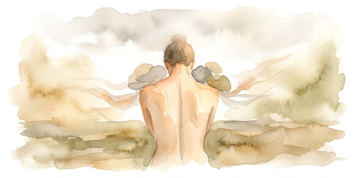 Figure seen from behind in a dream with hunched shoulders carrying invisible weight in warm earthy tones