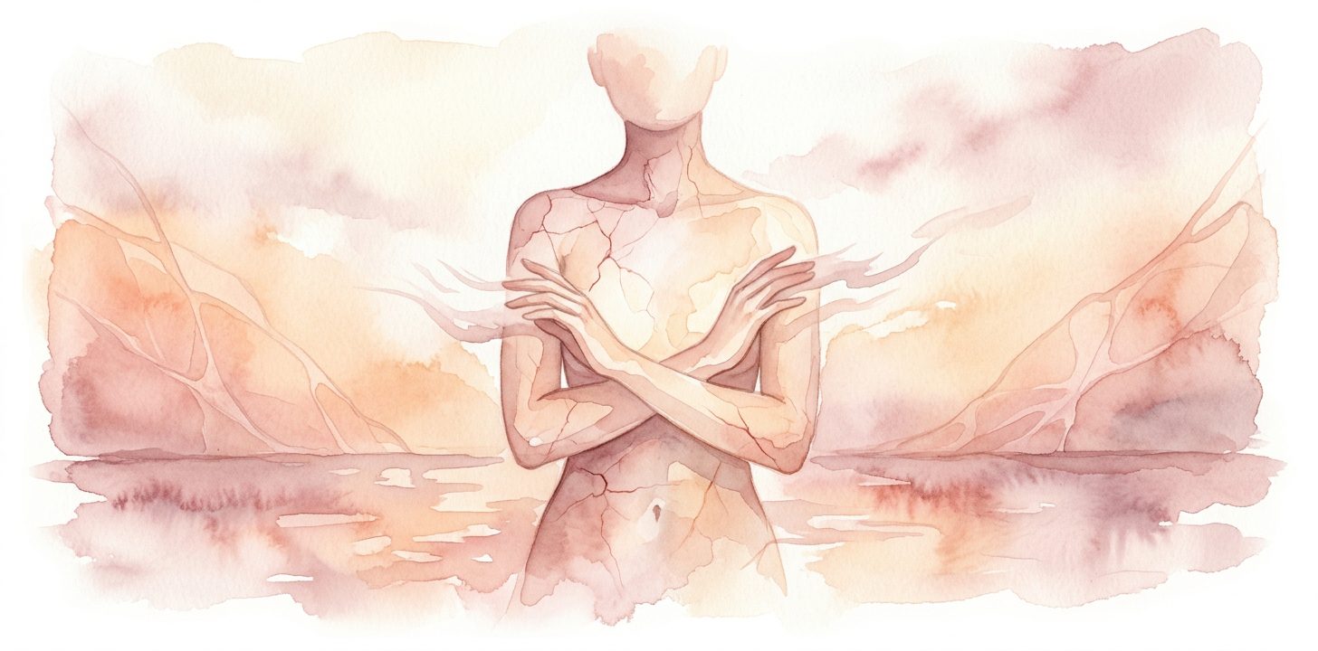 Translucent glowing figure in a dream with delicate luminous skin and soft protective gesture in peach and dusty rose