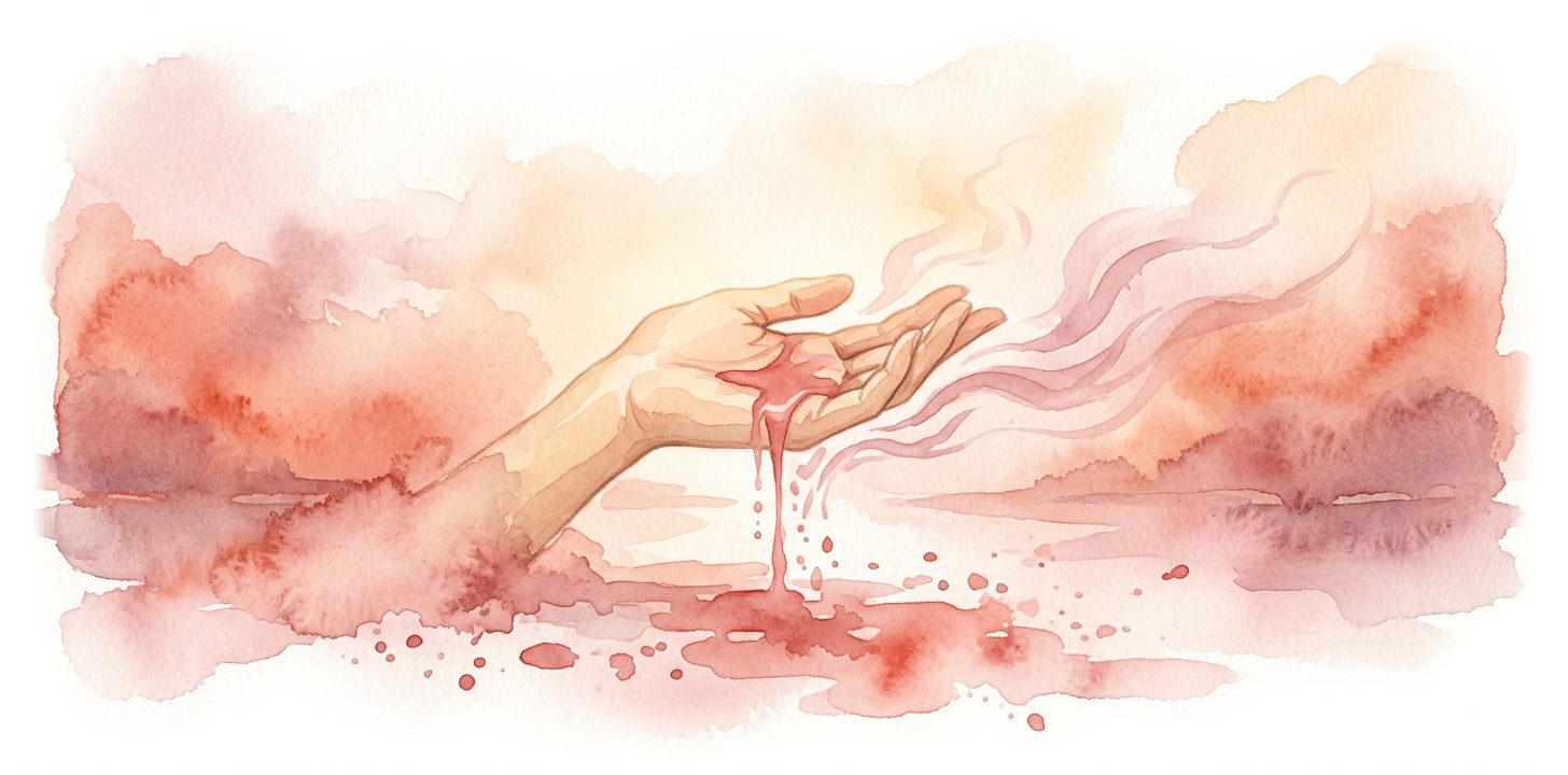 Open palm in a dream with a soft stream of rose-red light flowing downward like vital energy being released