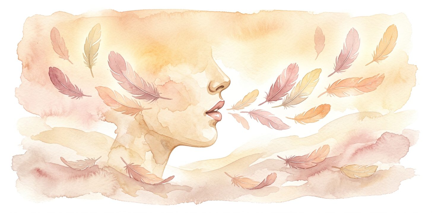 Feminine profile in a dream with lips parted as soft feathers drift from the mouth carried by an invisible wind