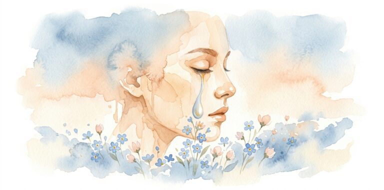 Feminine face in a dream with a single luminous tear rolling down the cheek as tiny flowers bloom below