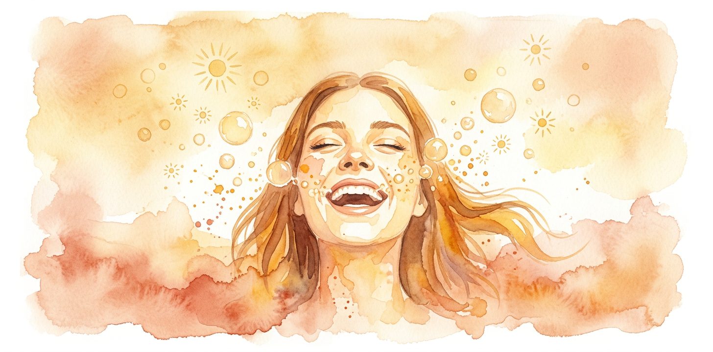 Feminine face in a dream with eyes closed and mouth open in laughter as golden bubbles and sunbursts float upward