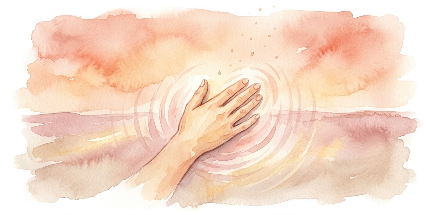 Hand in a dream pressing against the chest over the heart as soft ripples of light radiate outward